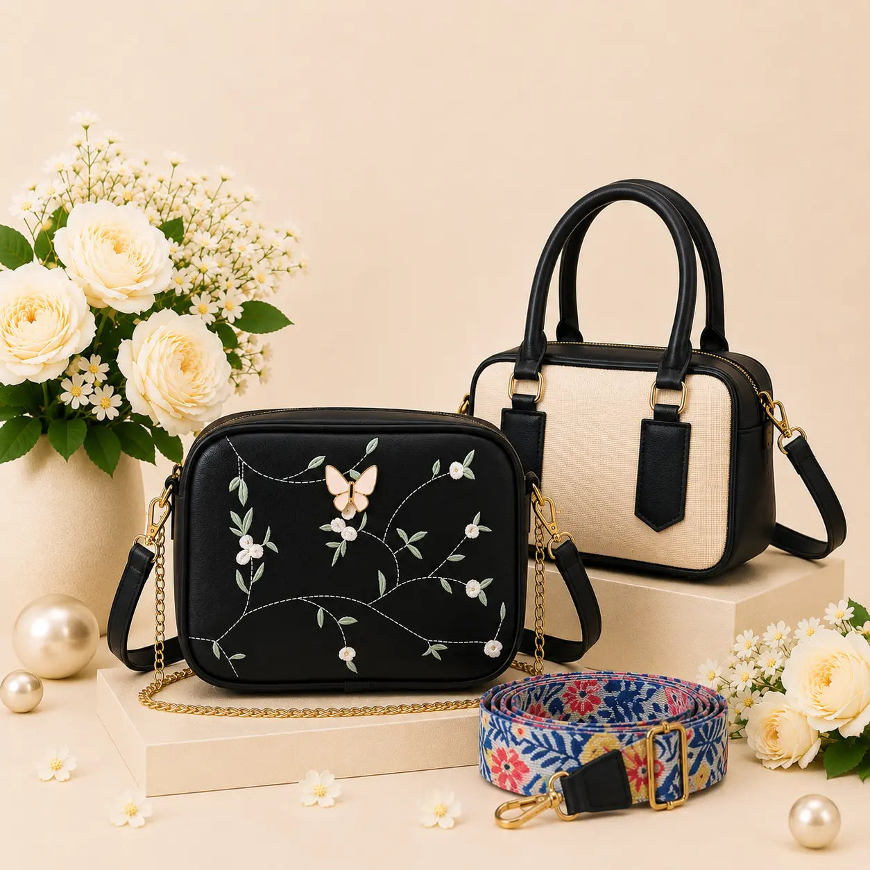 Luxury Everyday Bag Combo-Crossbody + Top Handle + Floral Strap