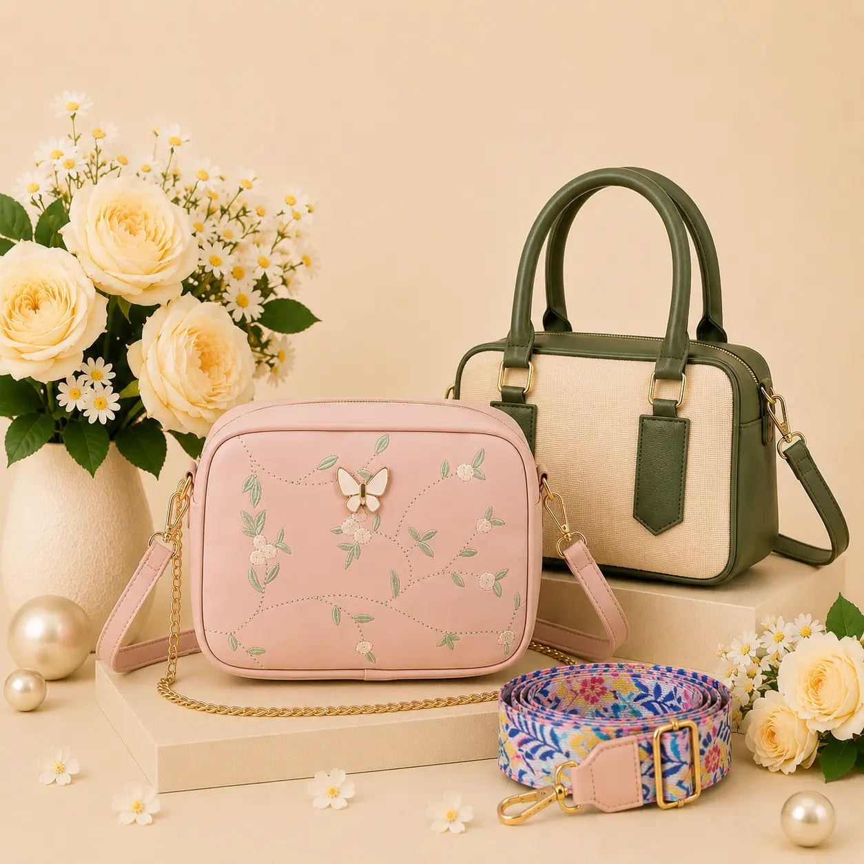 Luxury Everyday Bag Combo-Crossbody + Top Handle + Floral Strap