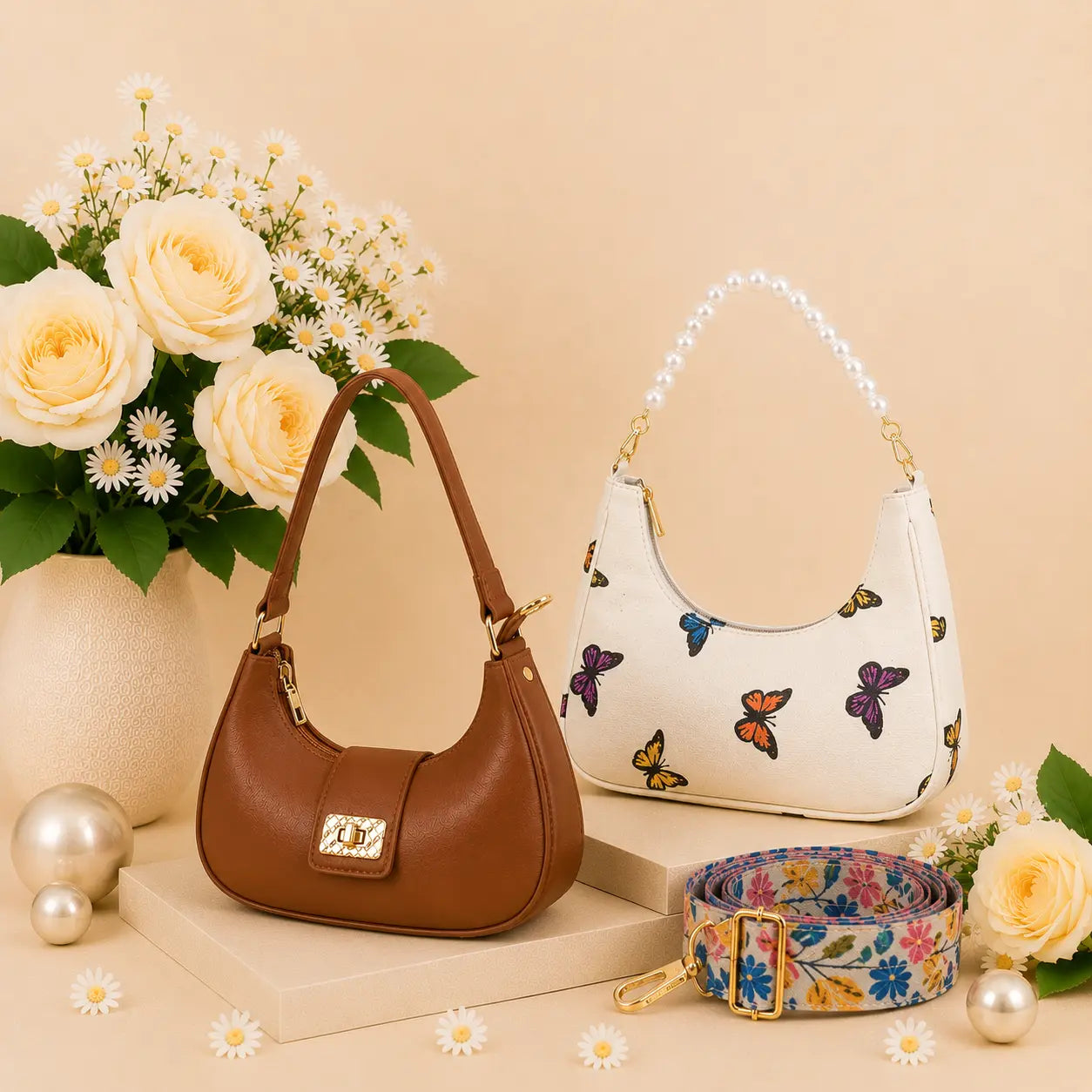 Luxury Everyday Bag Combo-Crossbody + Top Handle + Floral Strap