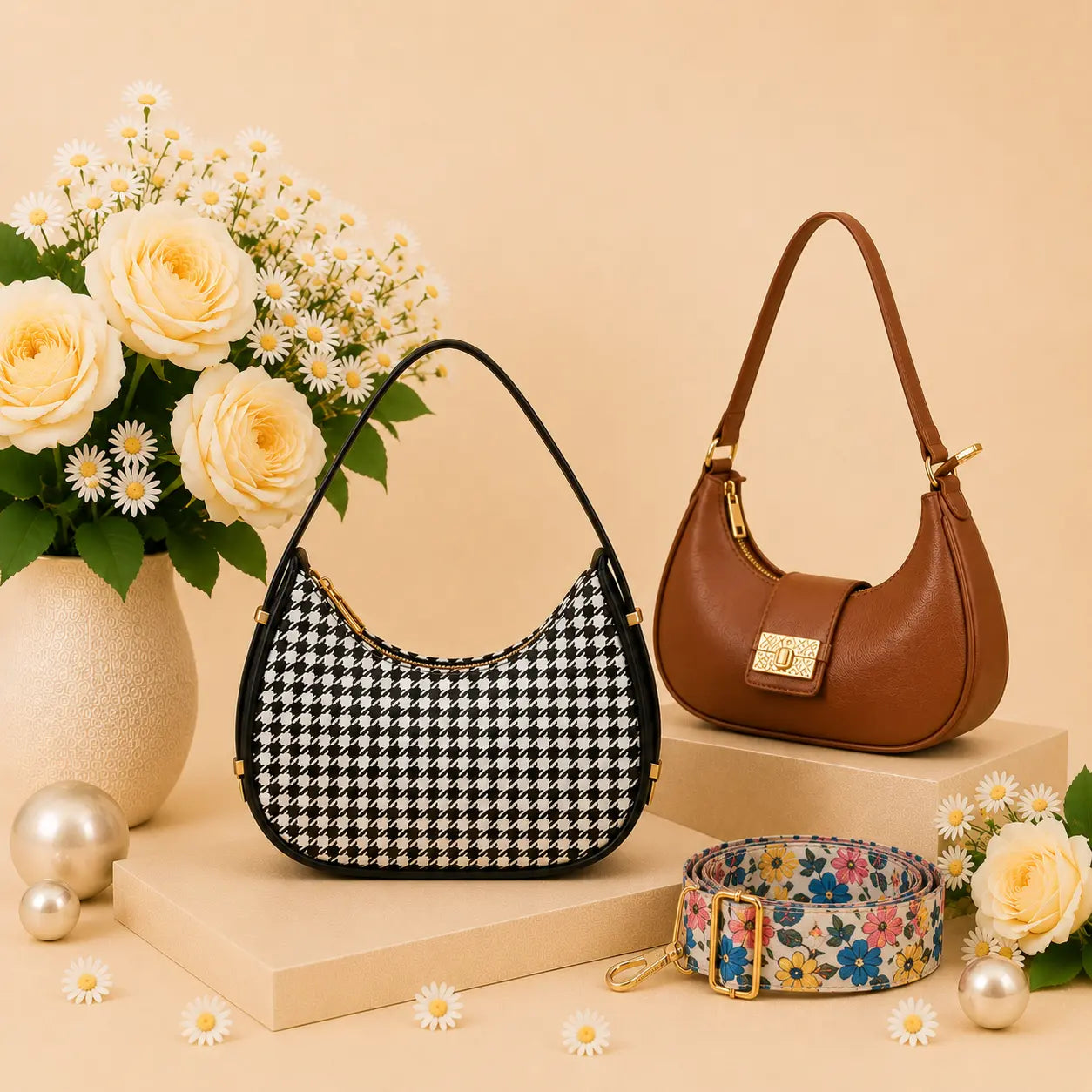 Luxury Everyday Bag Combo-Crossbody + Top Handle + Floral Strap