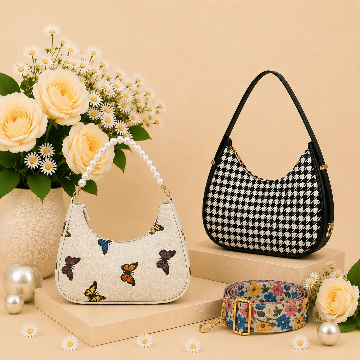 Luxury Everyday Bag Combo-Crossbody + Top Handle + Floral Strap