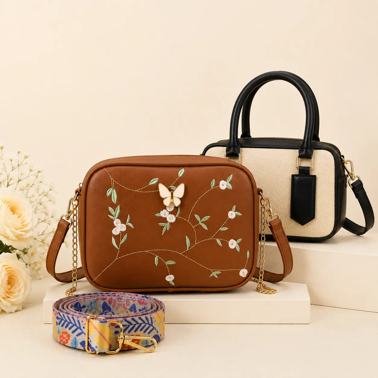 Luxury Everyday Bag Combo-Crossbody + Top Handle + Floral Strap