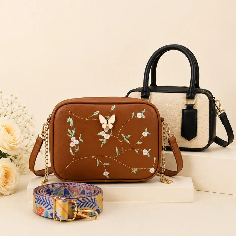 Luxury Everyday Bag Combo-Crossbody + Top Handle + Floral Strap
