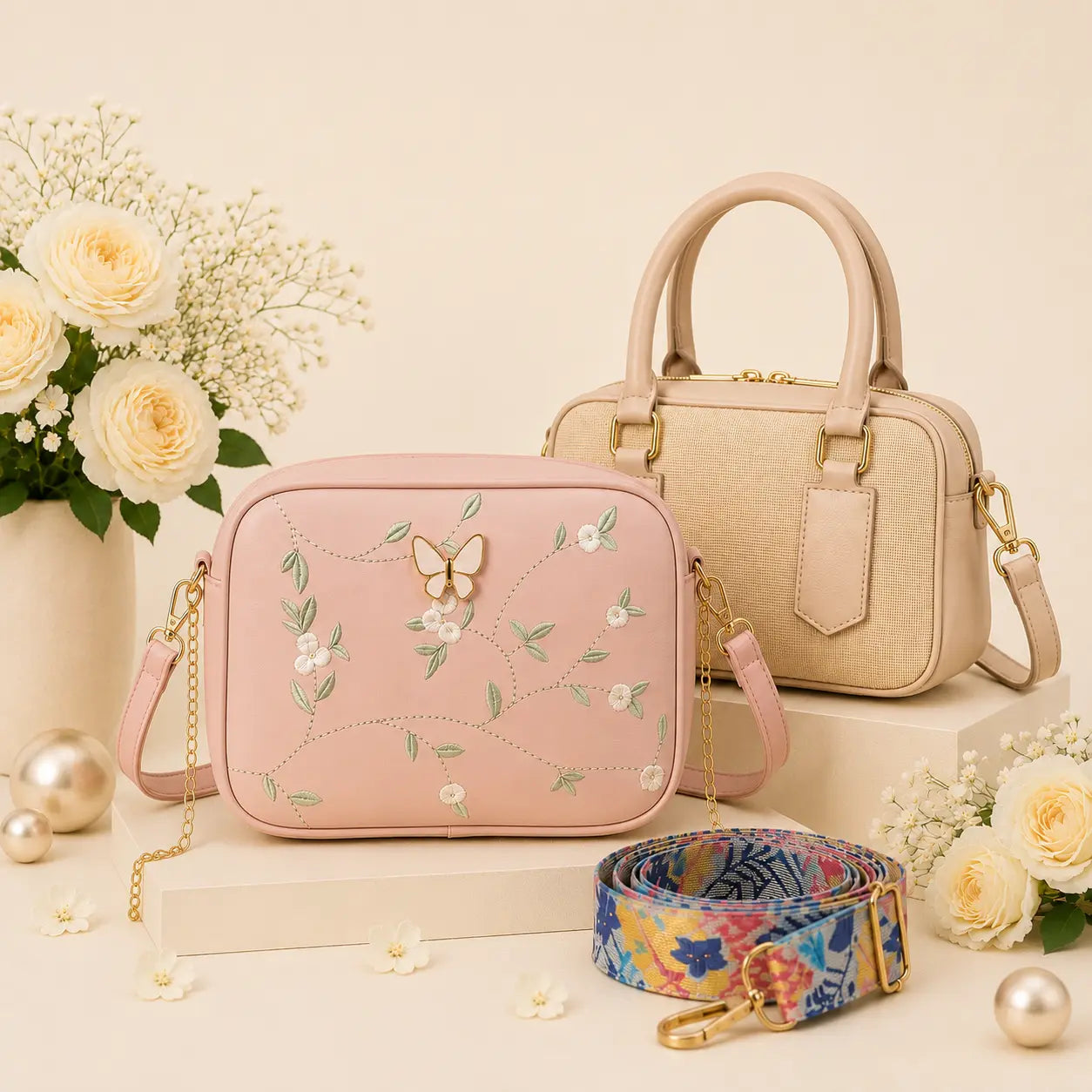 Luxury Everyday Bag Combo-Crossbody + Top Handle + Floral Strap