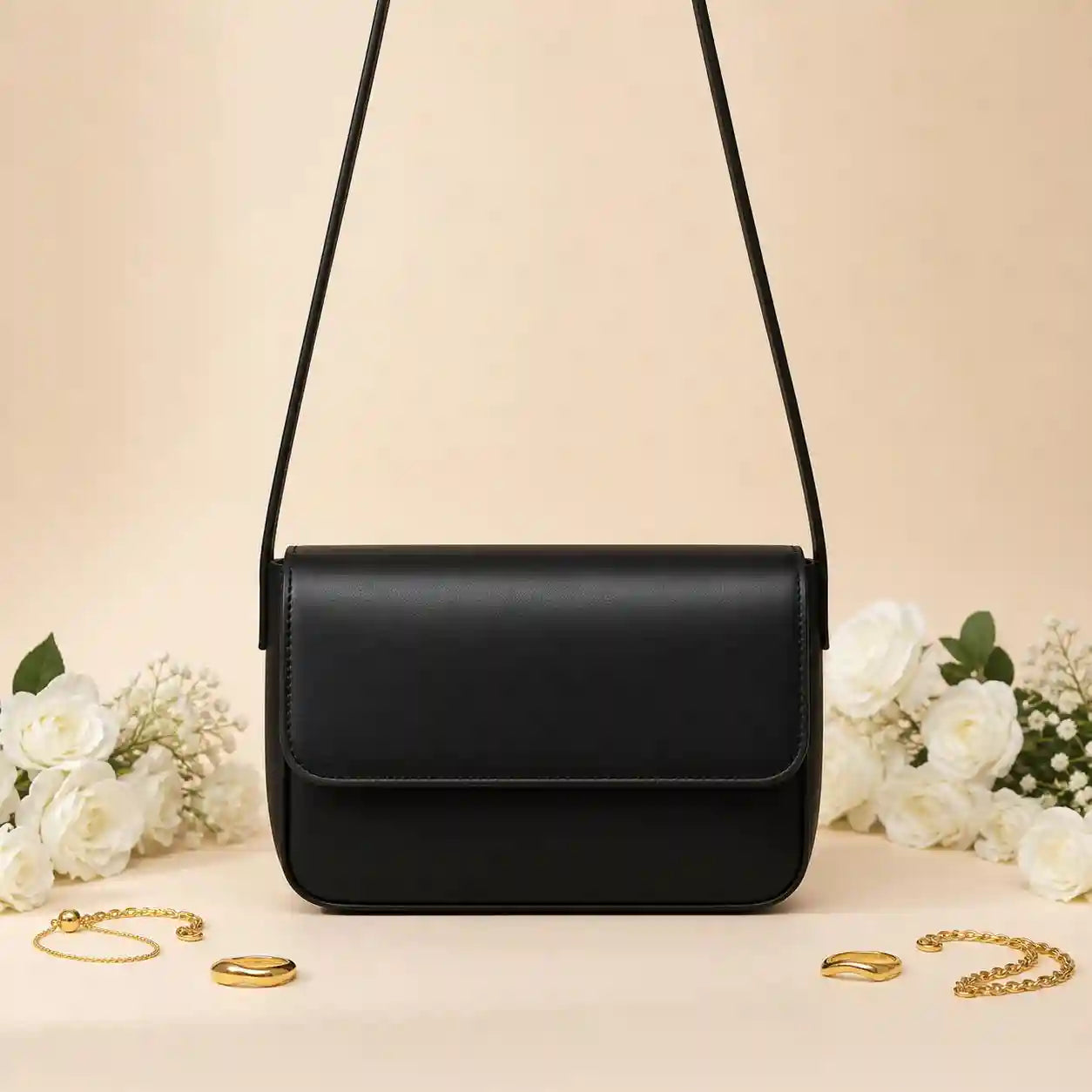 Magnetic Button Strap Women’s Crossbody Bag Stylish Black