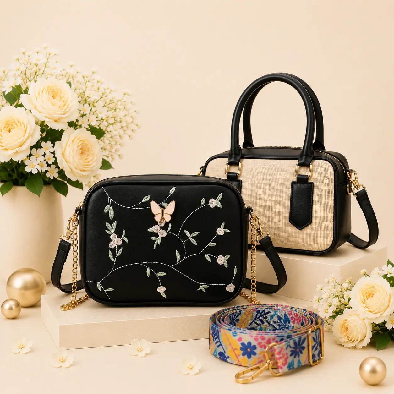 Luxury Everyday Bag Combo-Crossbody + Top Handle + Floral Strap