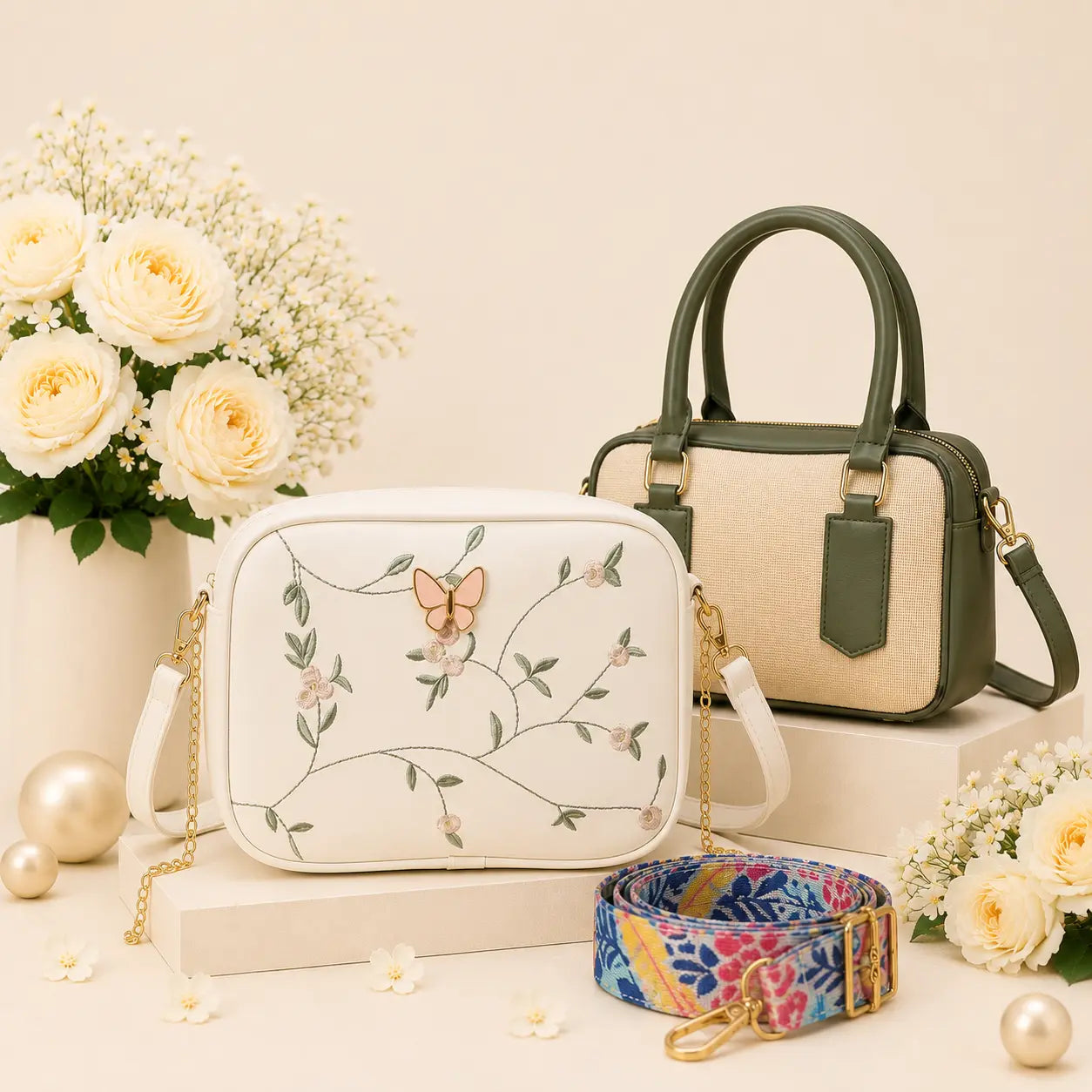 Luxury Everyday Bag Combo-Crossbody + Top Handle + Floral Strap