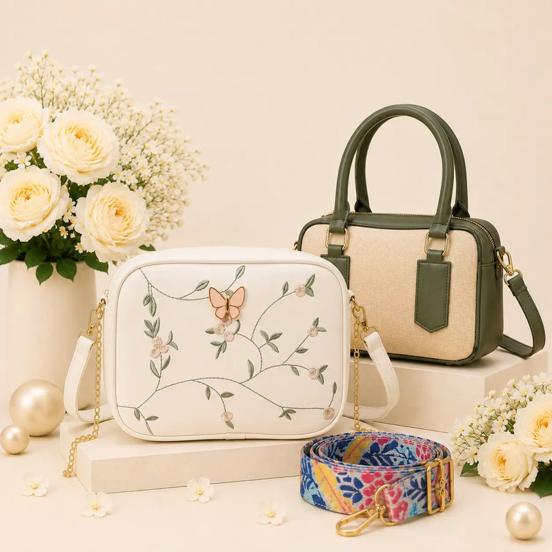 Luxury Everyday Bag Combo-Crossbody + Top Handle + Floral Strap