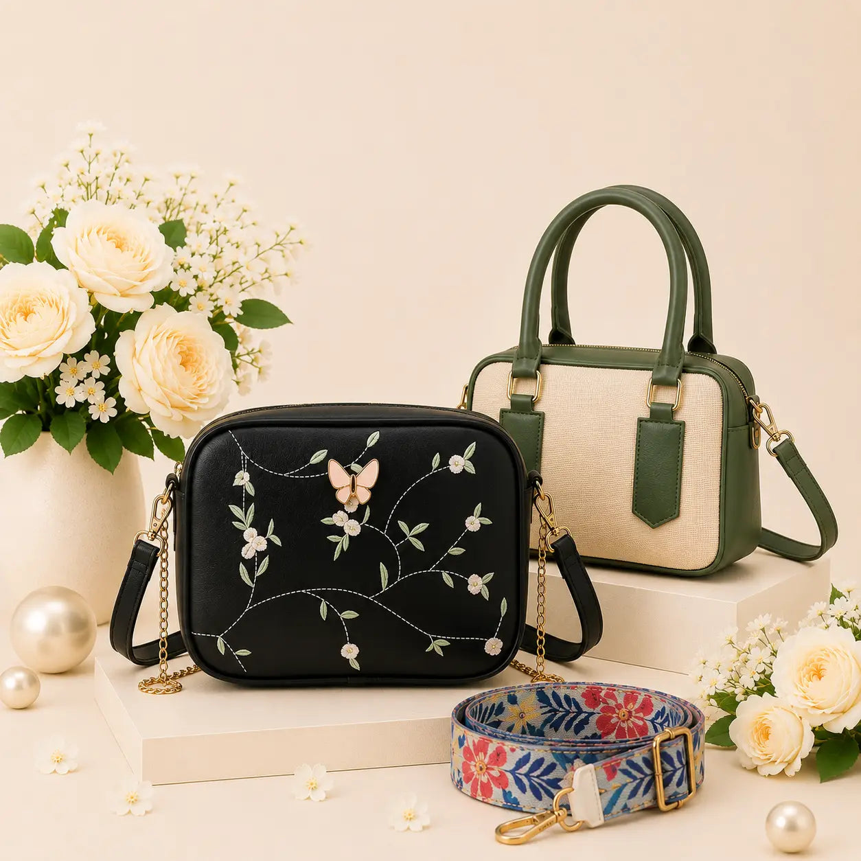 Luxury Everyday Bag Combo-Crossbody + Top Handle + Floral Strap