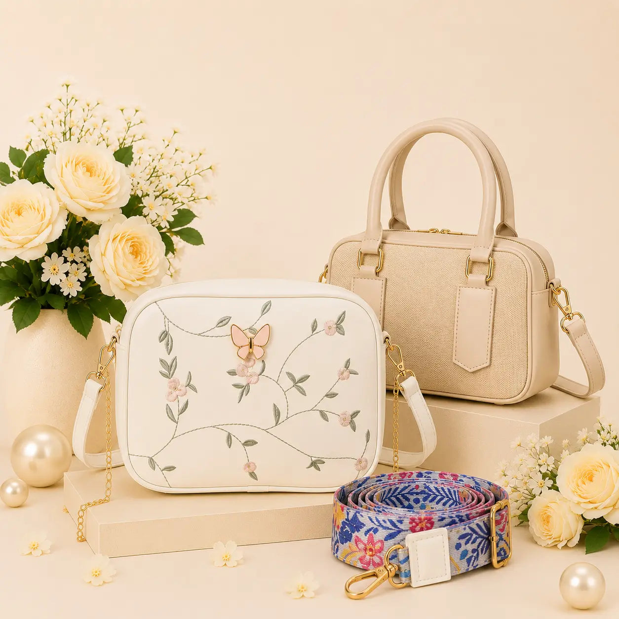 Luxury Everyday Bag Combo-Crossbody + Top Handle + Floral Strap
