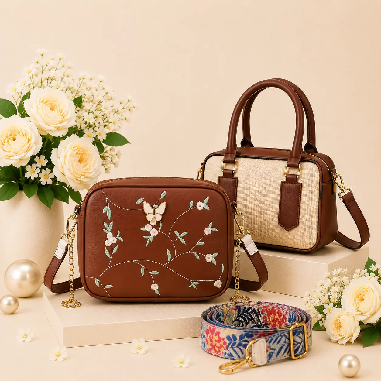 Luxury Everyday Bag Combo-Crossbody + Top Handle + Floral Strap