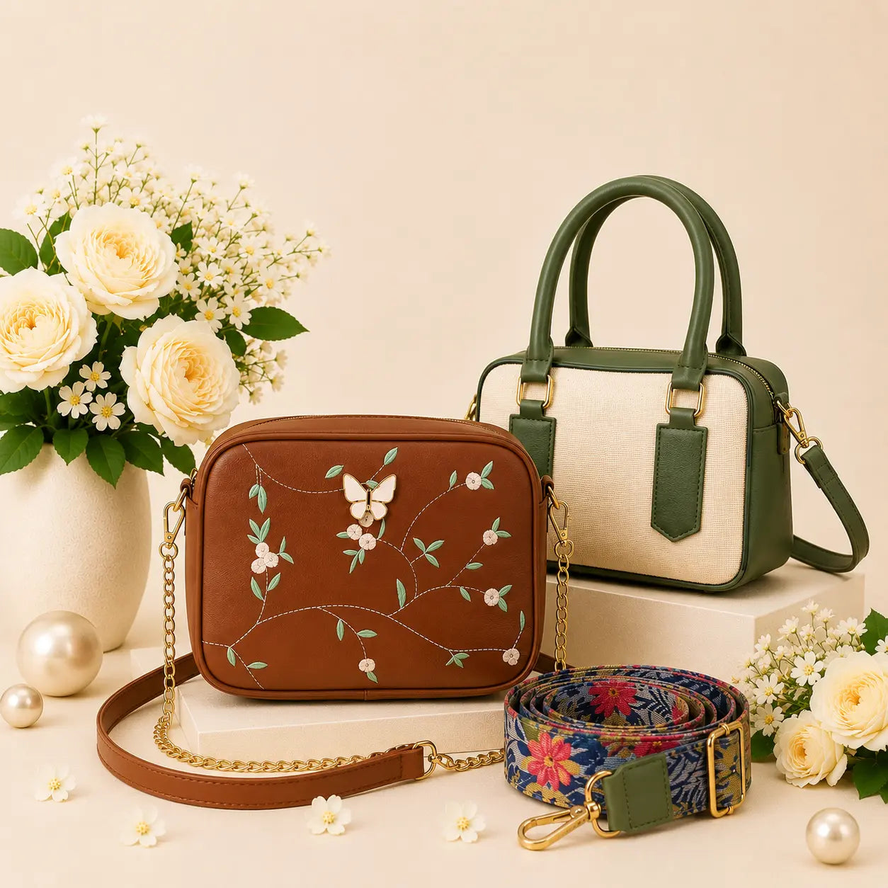 Luxury Everyday Bag Combo-Crossbody + Top Handle + Floral Strap