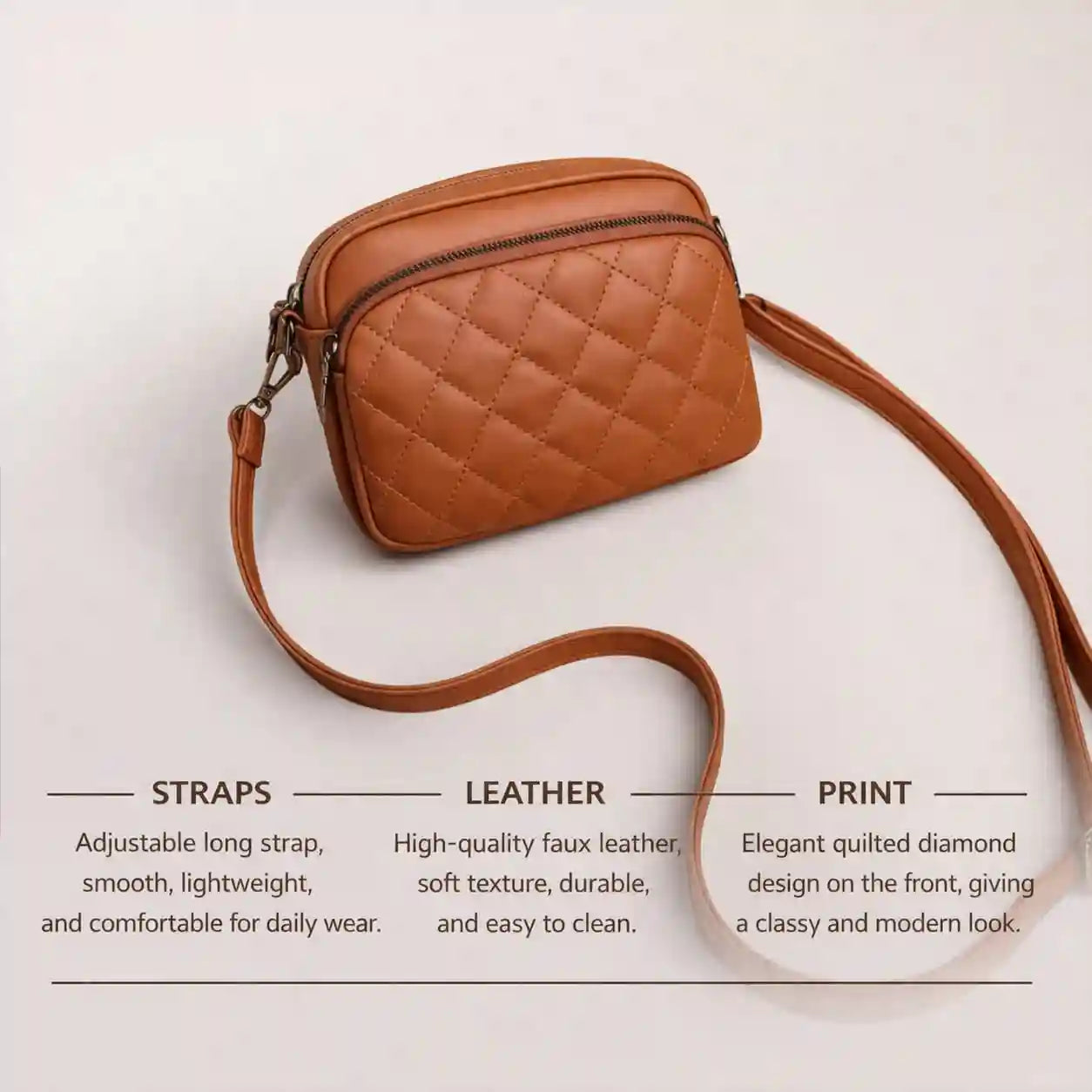 3-Zipper Women’s Crossbody Brown Bag CAR-7 | Elegant & Stylish Design