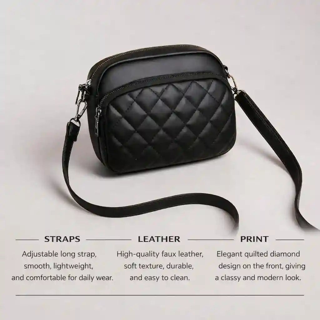 3-Zipper Women’s Crossbody Black Bag CAR-7 | Elegant & Stylish Design