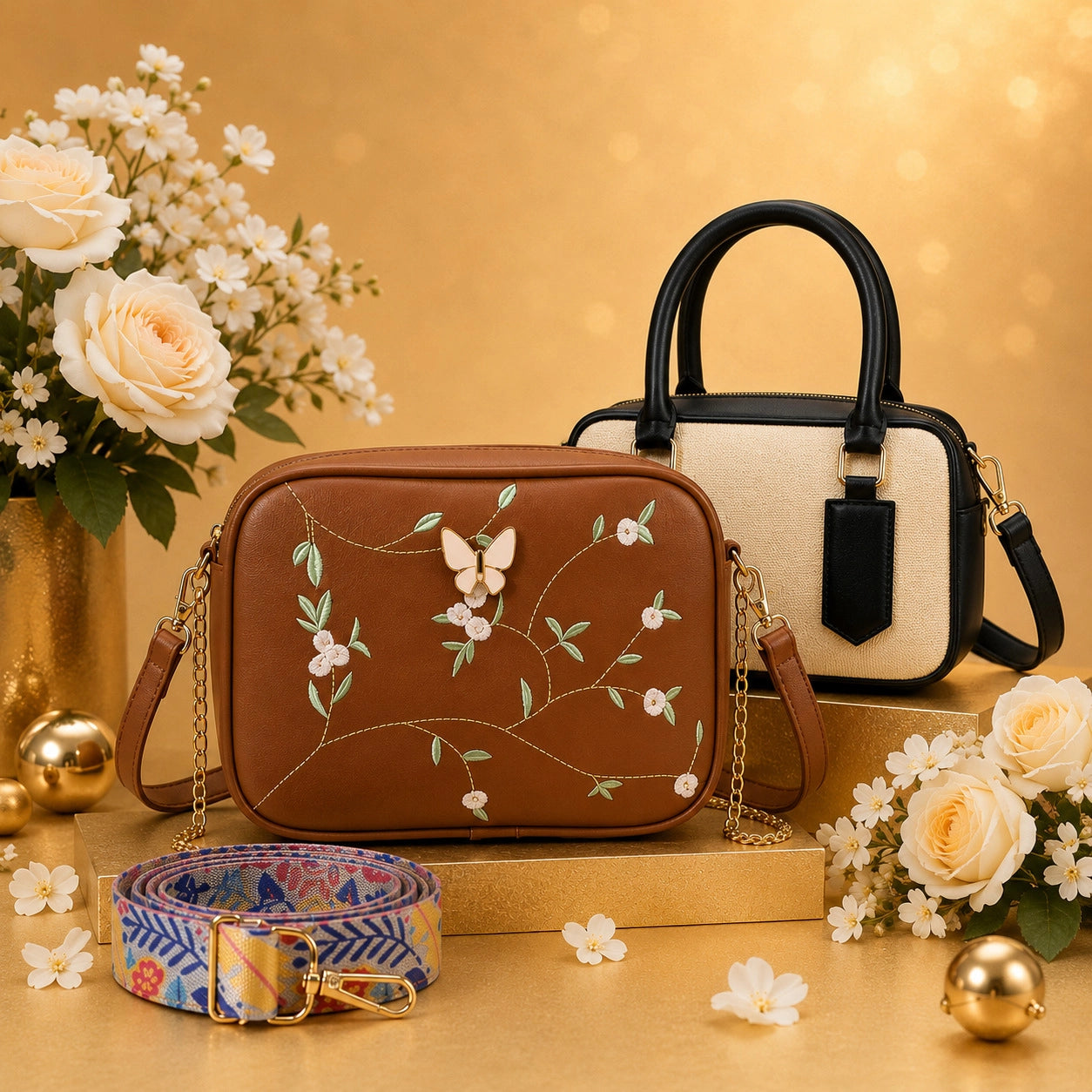 Luxury Everyday Bag Combo-Crossbody + Top Handle + Floral Strap