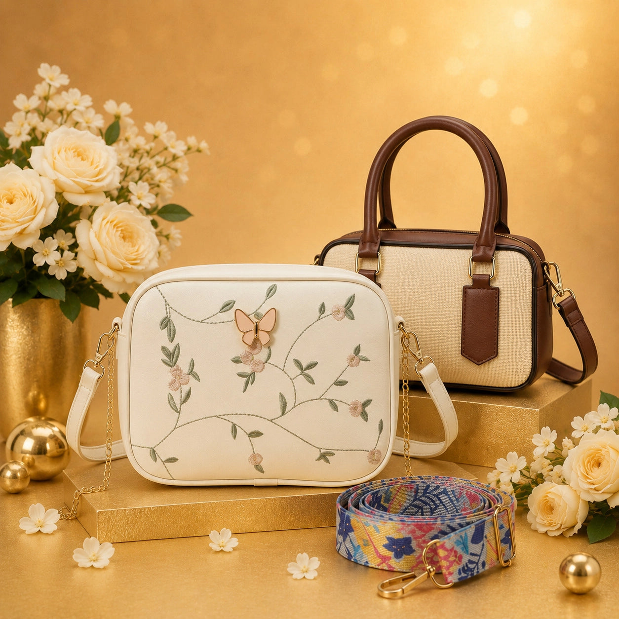 Luxury Everyday Bag Combo-Crossbody + Top Handle + Floral Strap