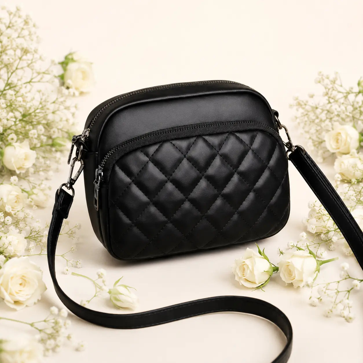 3-Zipper Women’s Crossbody Black Bag CAR-7 | Elegant & Stylish Design