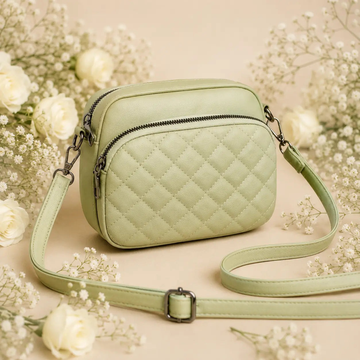 3-Zipper Women’s Crossbody Green Bag CAR-7 | Elegant & Stylish Design
