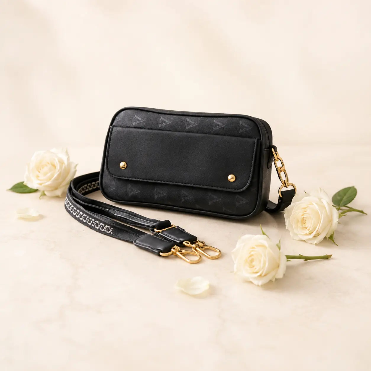Black Geometric PU Leather Crossbody Bag with Stylish Strap