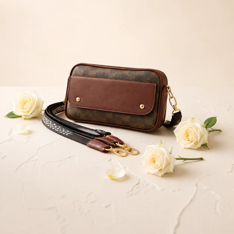 Brown Geometric PU Leather Crossbody Bag with Stylish Strap