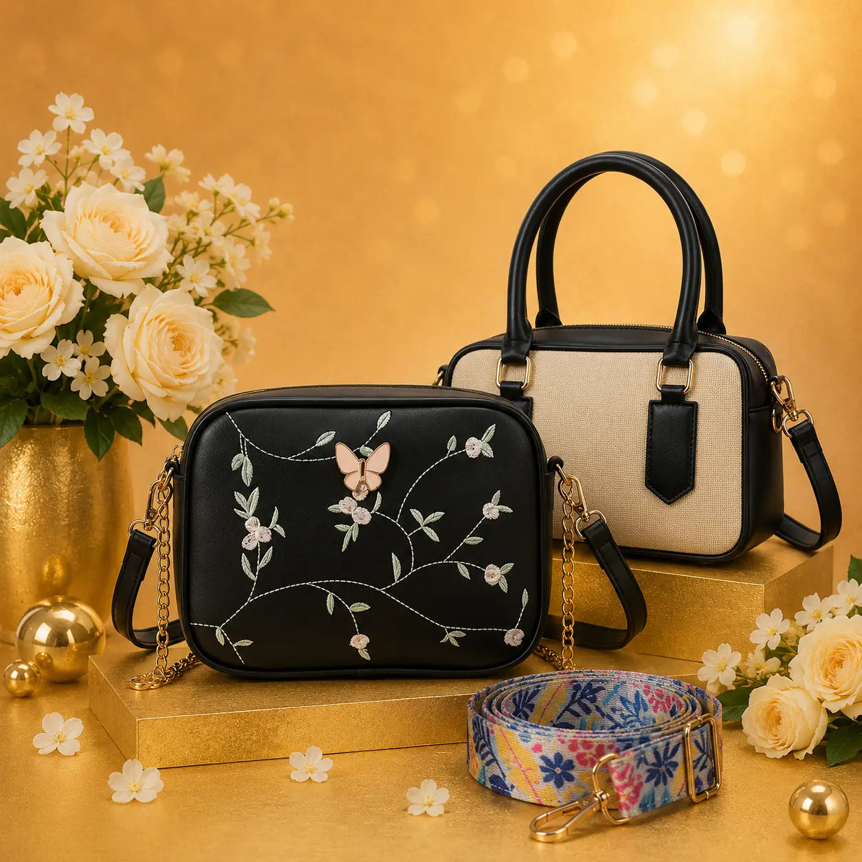 Luxury Everyday Bag Combo-Crossbody + Top Handle + Floral Strap