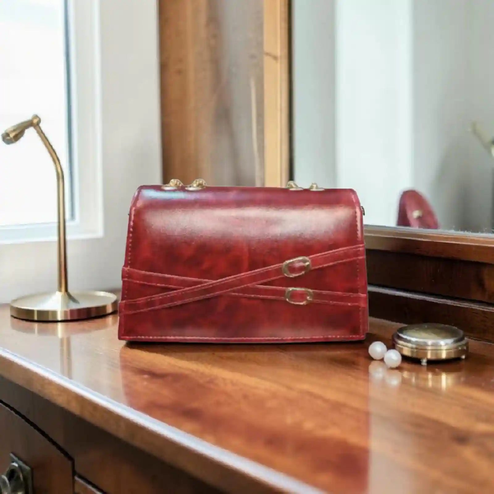 Elegant Red Leather Clutch Bag with Gold Chain Strap