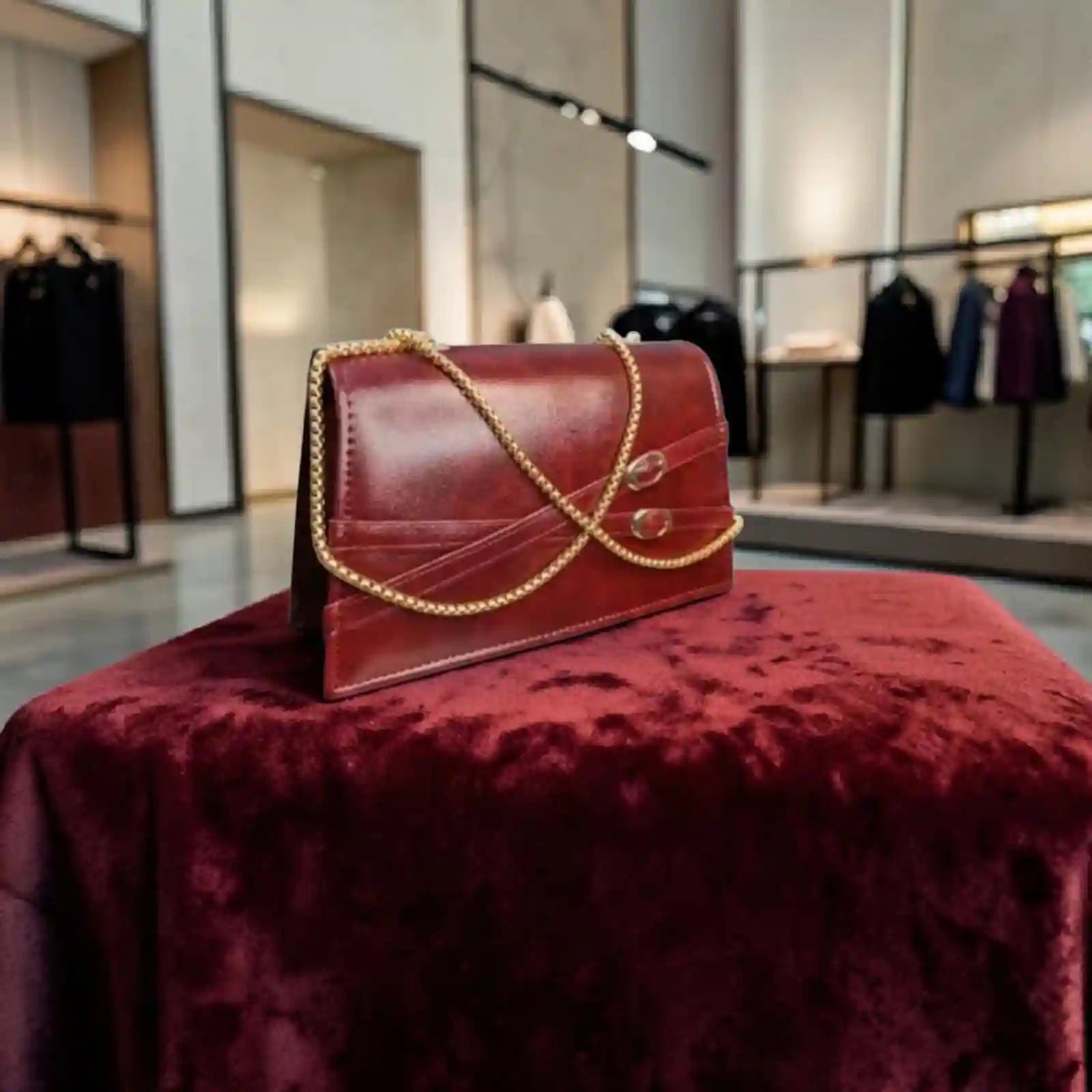 Elegant Red Leather Clutch Bag with Gold Chain Strap