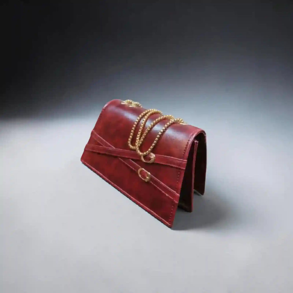 Elegant Red Leather Clutch Bag with Gold Chain Strap