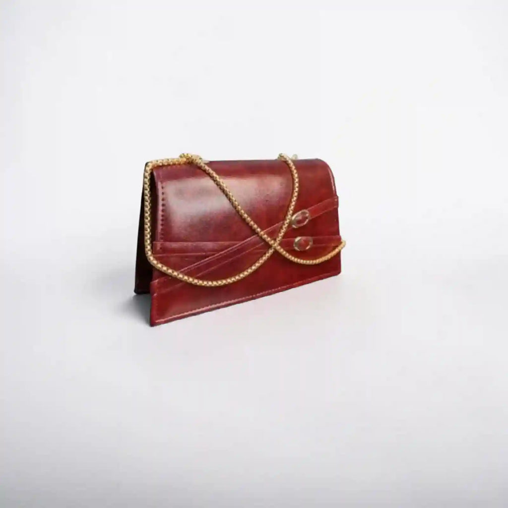 Elegant Red Leather Clutch Bag with Gold Chain Strap