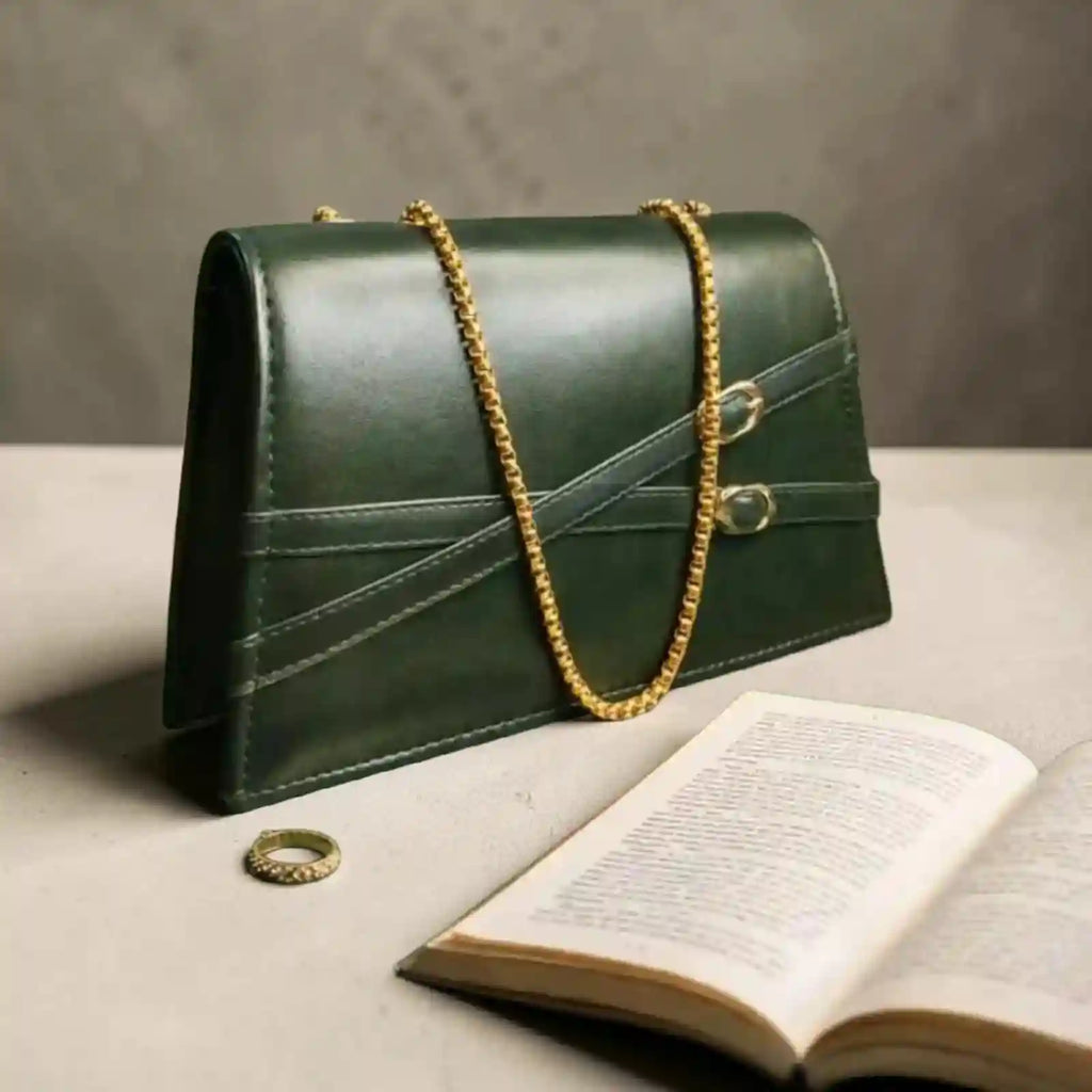Elegant Forest Green Leather Clutch Bag with Gold Chain Strap
