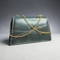 Elegant Forest Green Leather Clutch Bag with Gold Chain Strap