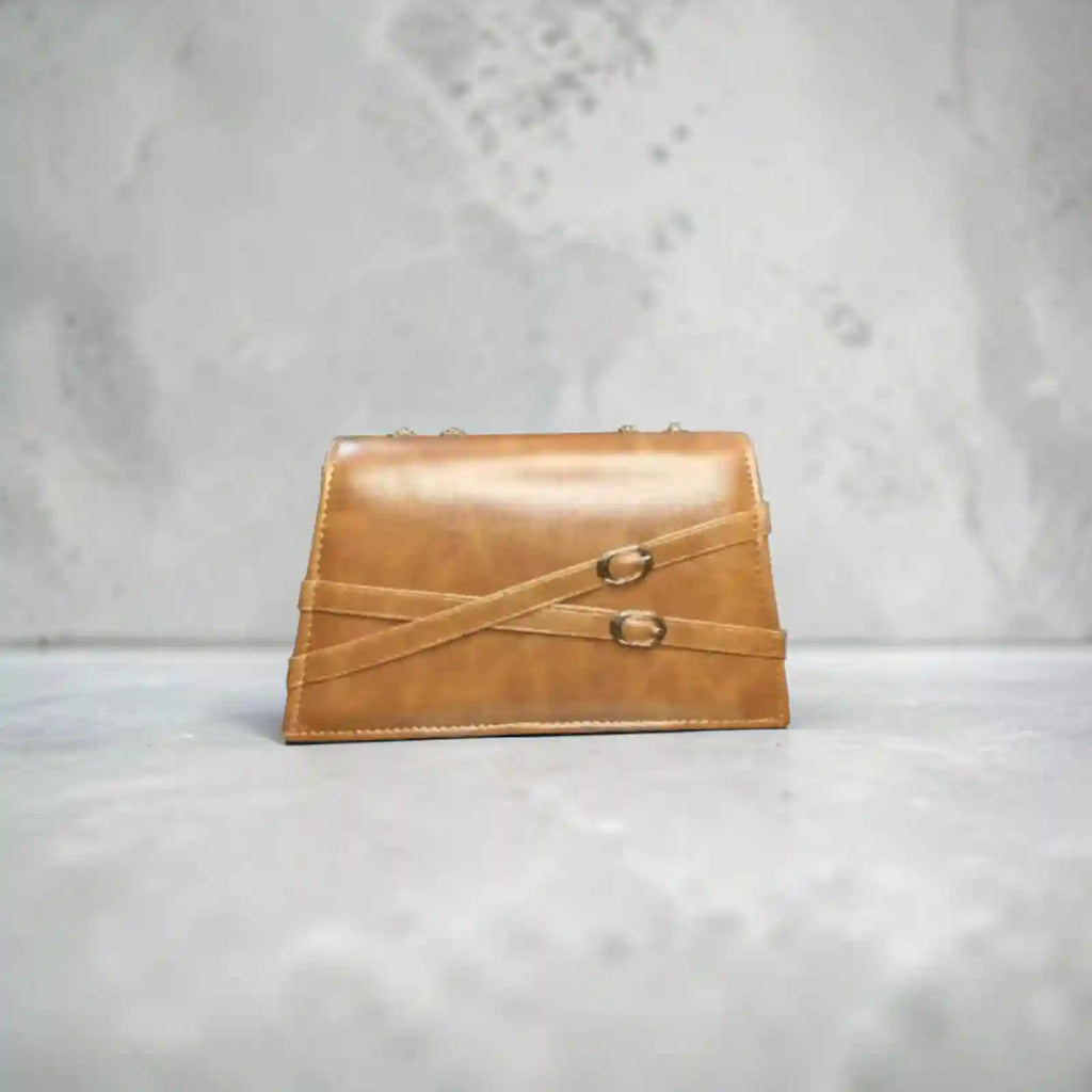 Elegant Brown Leather Clutch Bag with Gold Chain Strap