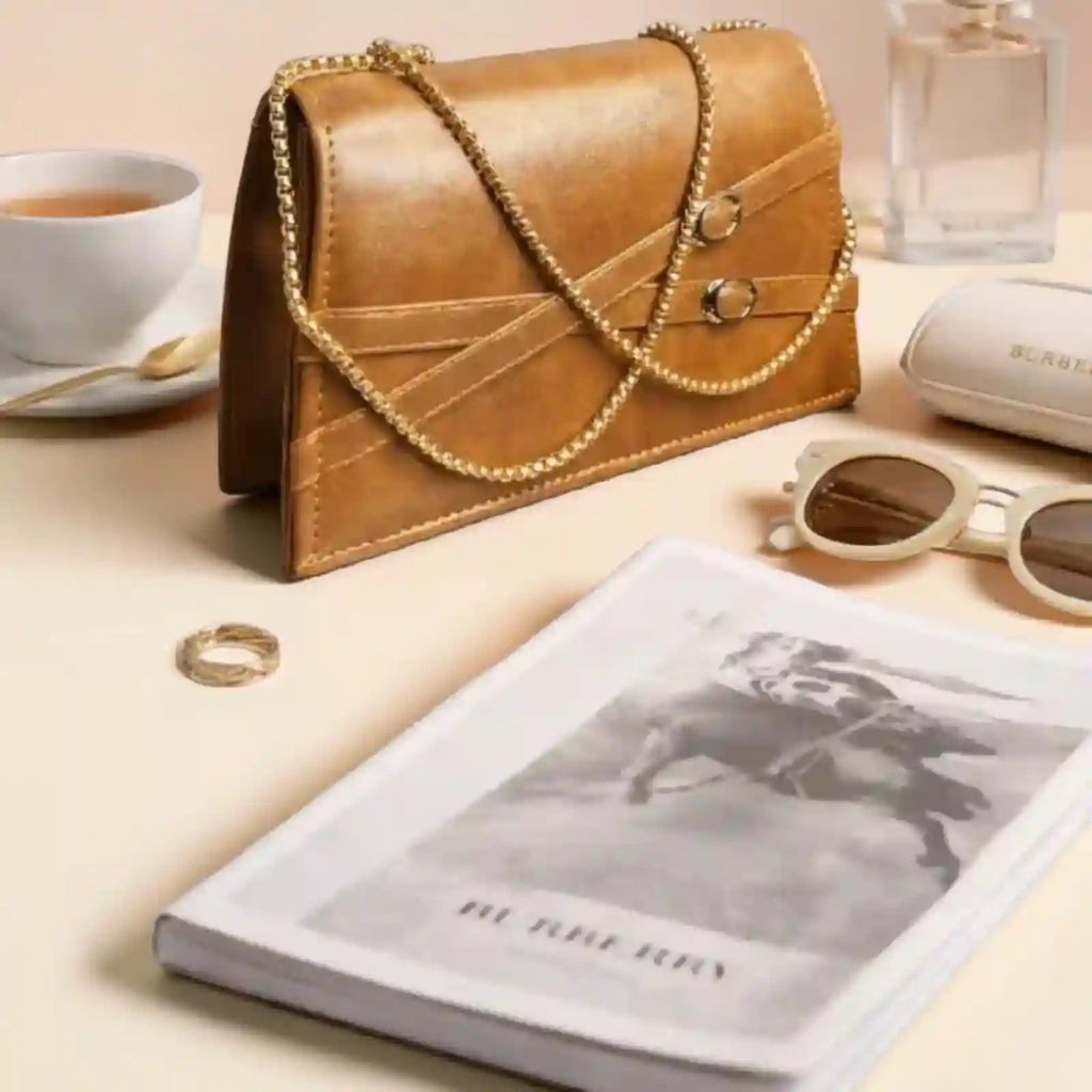 Elegant Brown Leather Clutch Bag with Gold Chain Strap