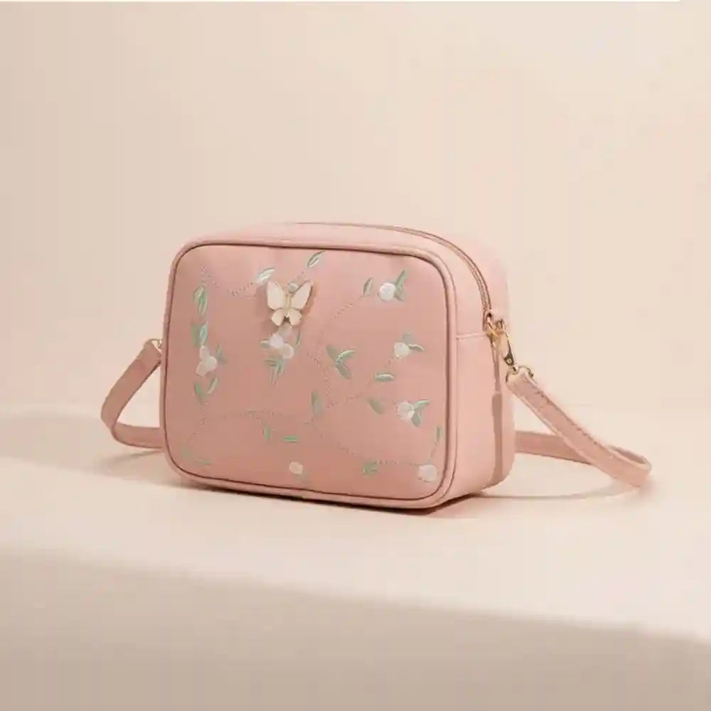Embroidered Butterfly Pink Crossbody Bag | Stylish Chic Purse