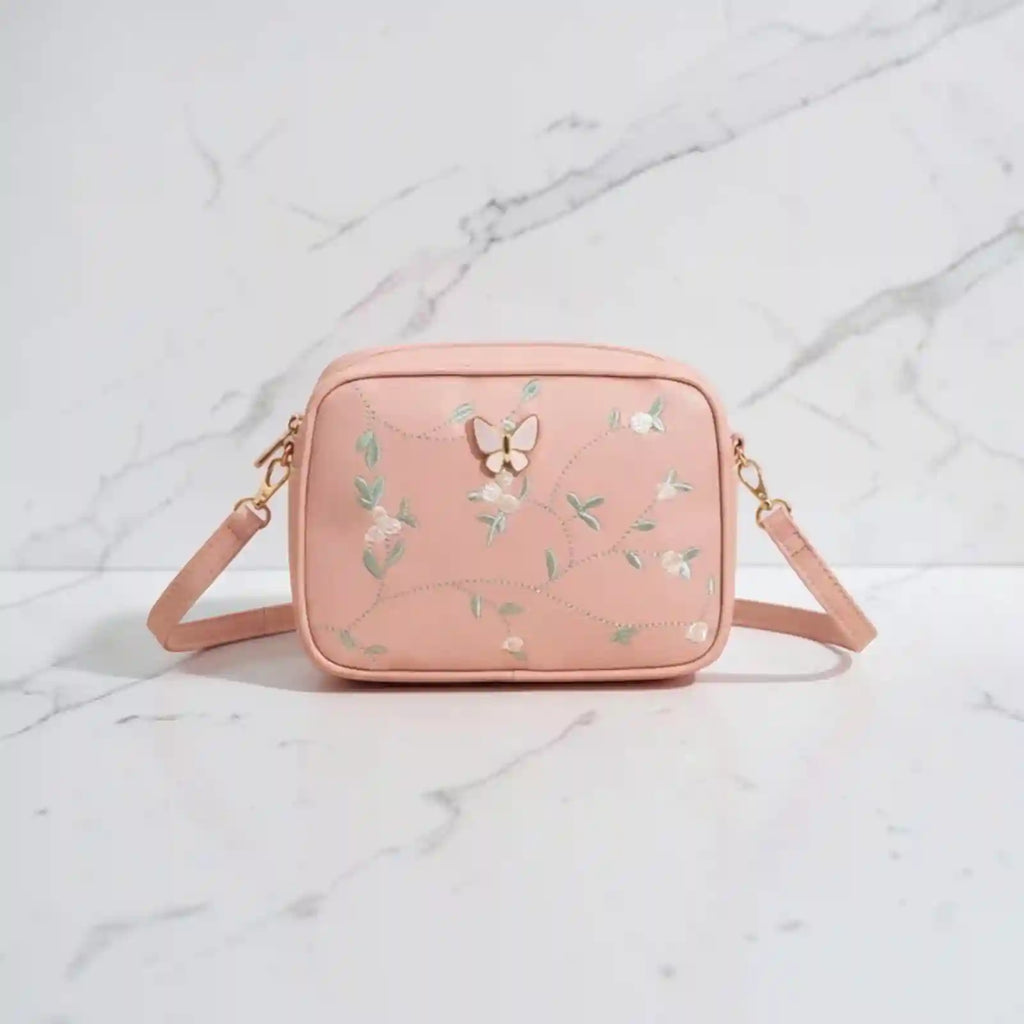 Embroidered Butterfly Pink Crossbody Bag | Stylish Chic Purse