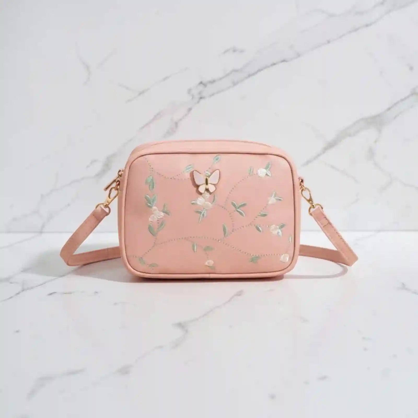 Embroidered Butterfly Pink Crossbody Bag | Stylish Chic Purse