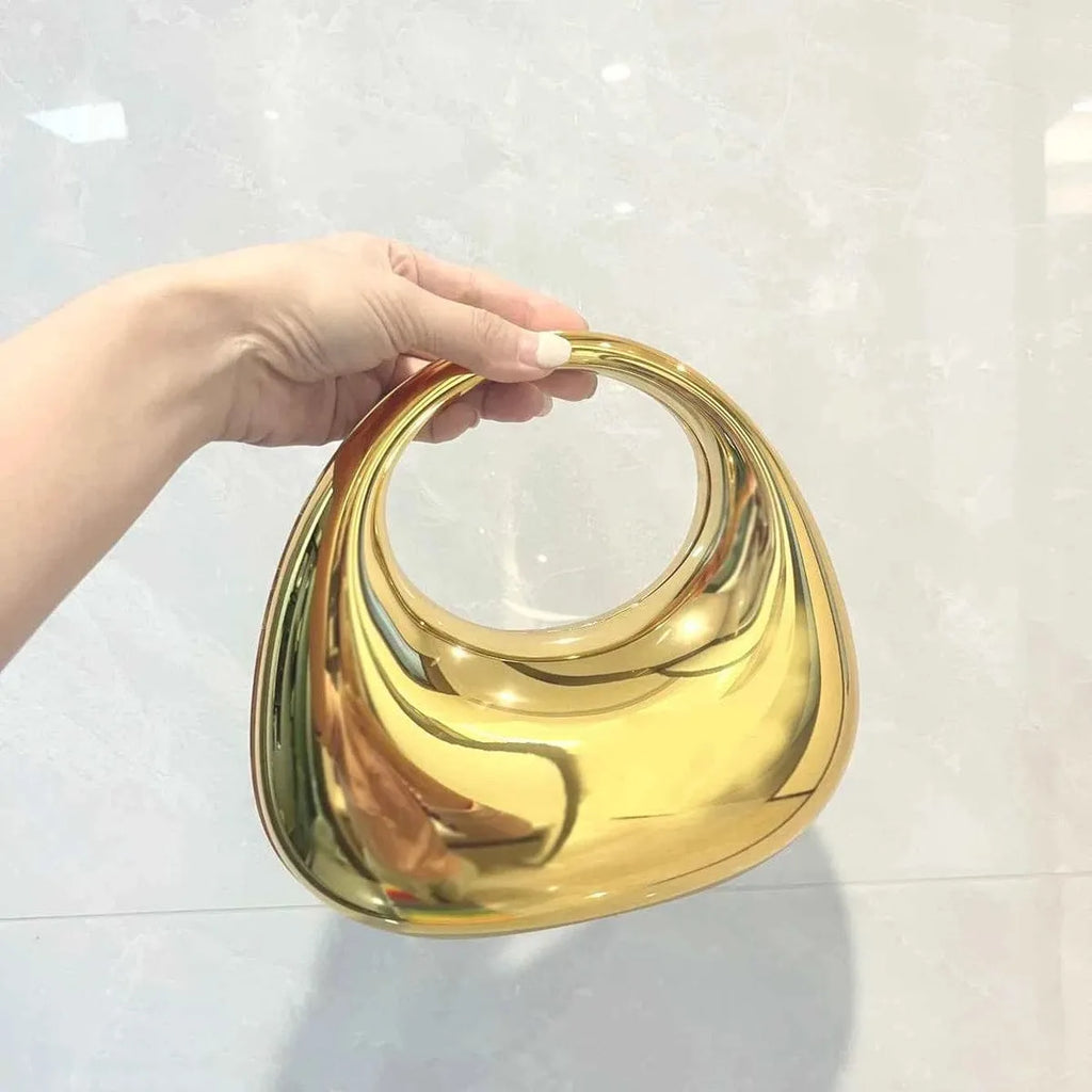 Aurora Golden Metallic Moon Clutch | Chain Strap Party Bag