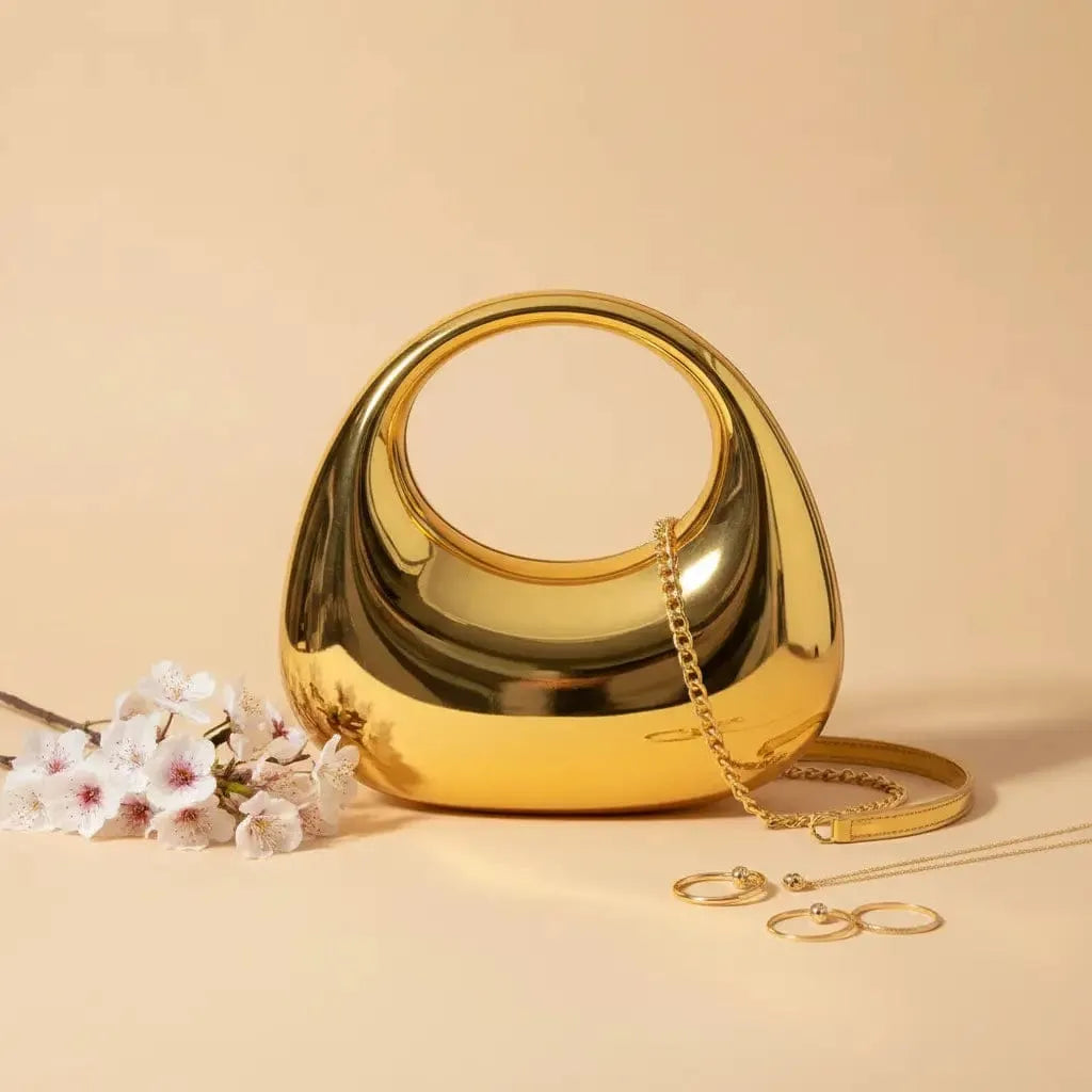 Aurora Golden Metallic Moon Clutch | Chain Strap Party Bag