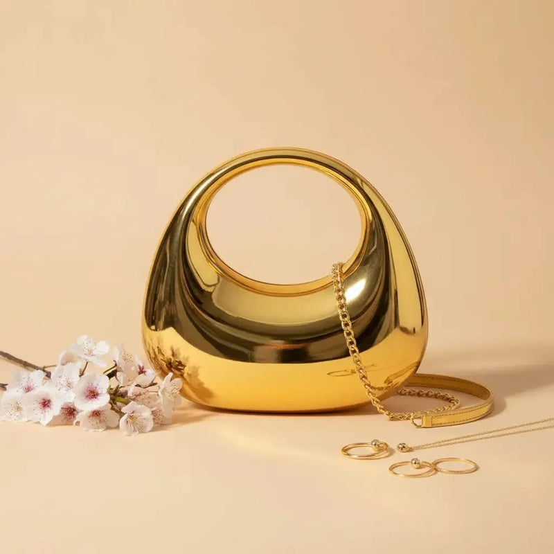 Aurora Golden Metallic Moon Clutch | Chain Strap Party Bag