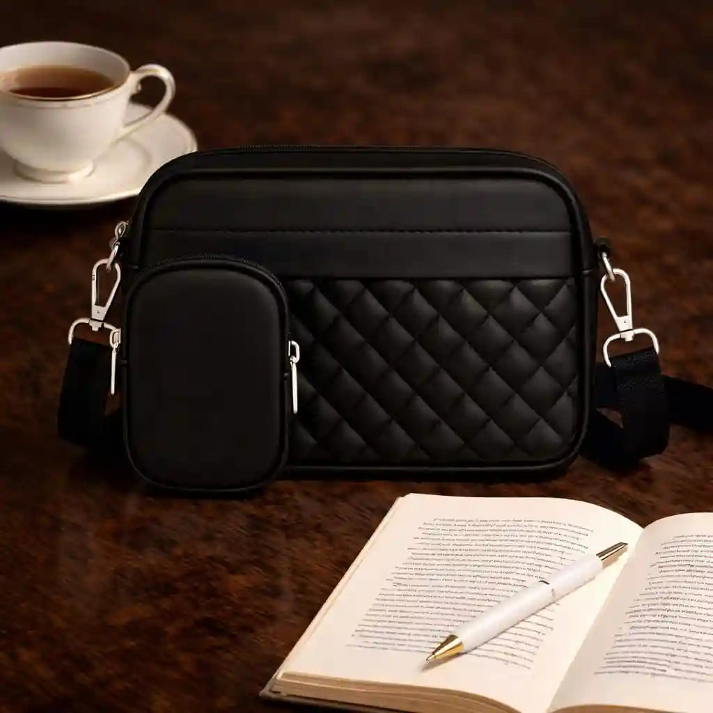 Quilted Black Crossbody Bag with Coin Pocket for Women