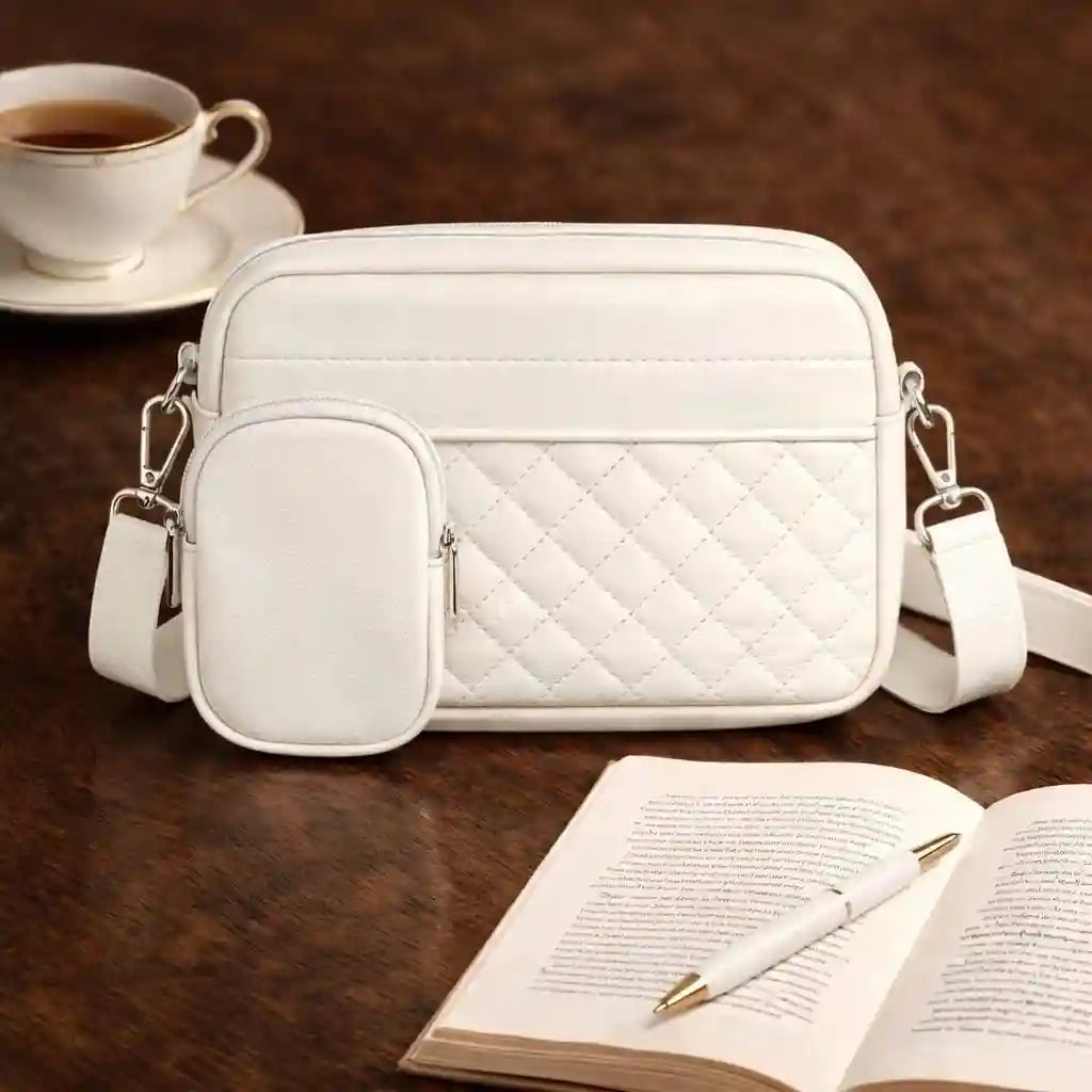 Quilted White Crossbody Bag with Coin Pocket for Women