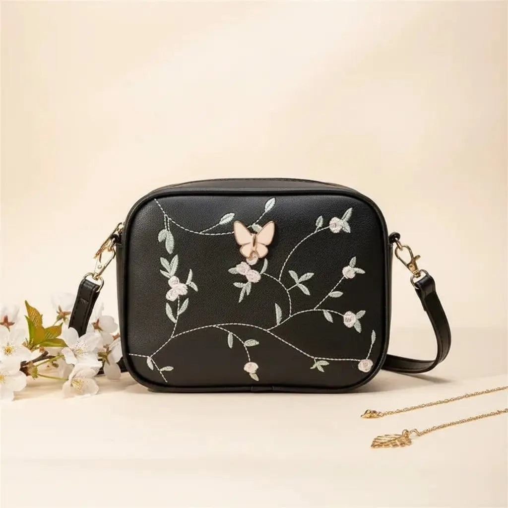 Embroidered Butterfly Black Crossbody Bag | Stylish Chic Purse