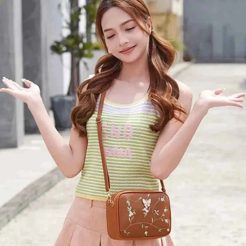 Embroidered Butterfly Brown Crossbody Bag | Stylish Chic Purse