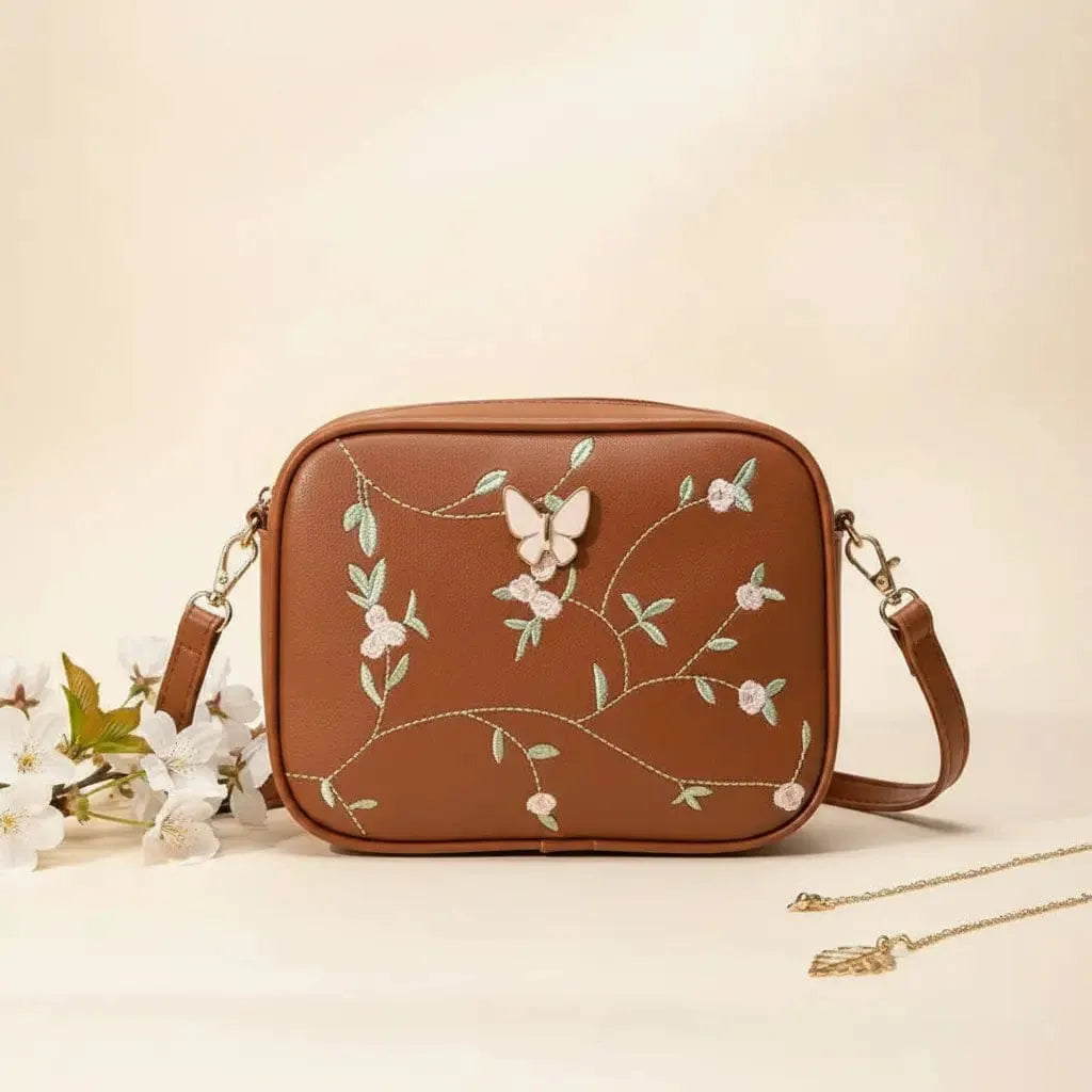 Embroidered Butterfly Brown Crossbody Bag | Stylish Chic Purse