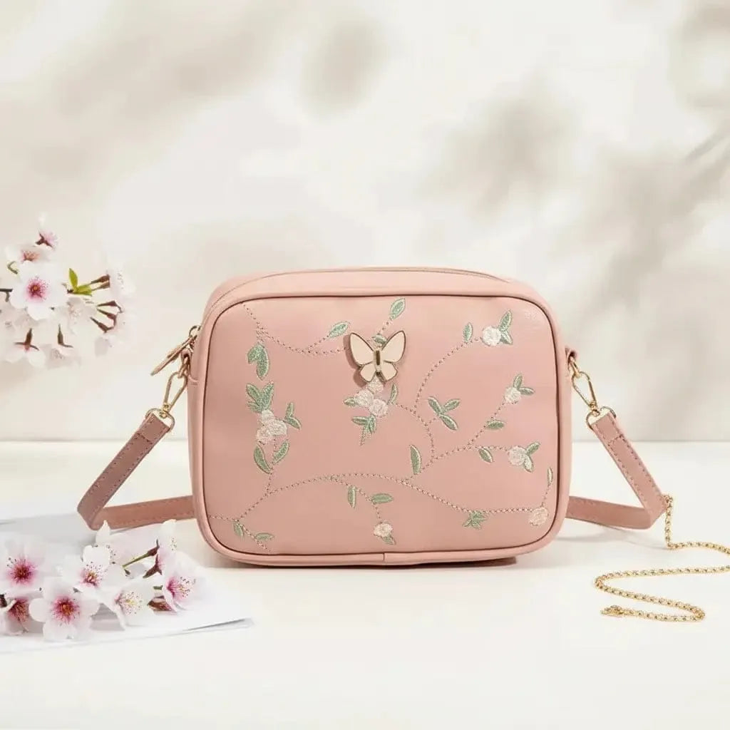 Embroidered Butterfly Pink Crossbody Bag | Stylish Chic Purse