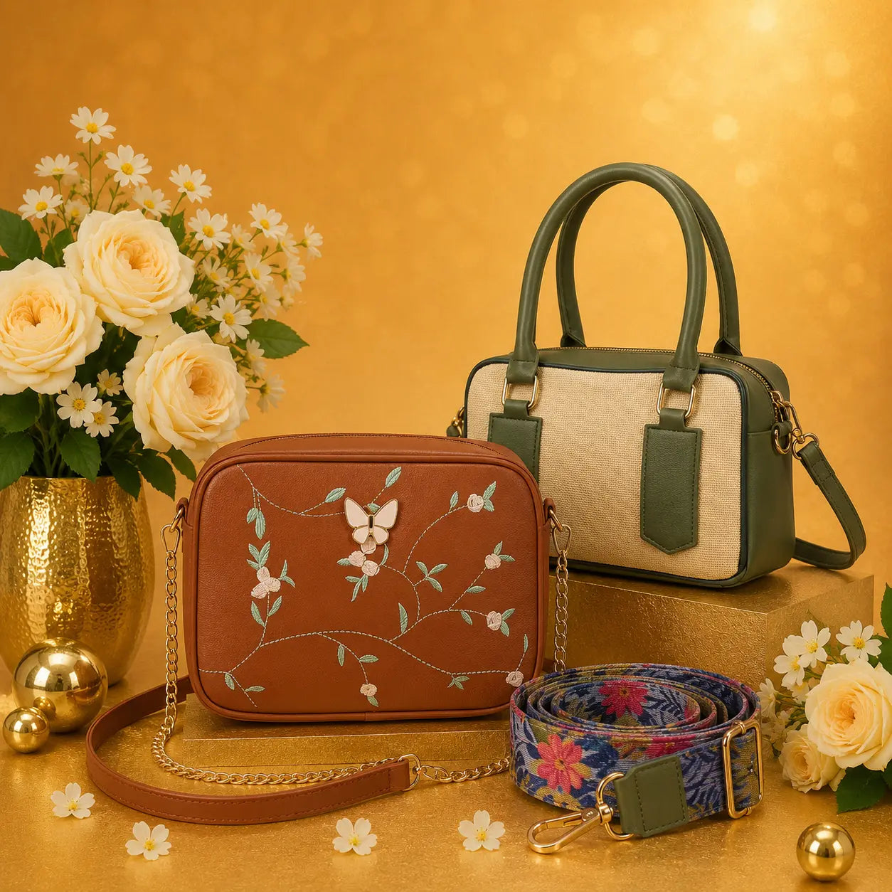 Luxury Everyday Bag Combo-Crossbody + Top Handle + Floral Strap