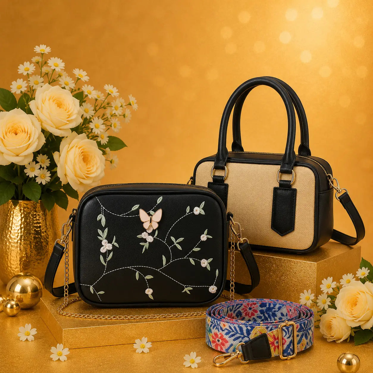 Luxury Everyday Bag Combo-Crossbody + Top Handle + Floral Strap