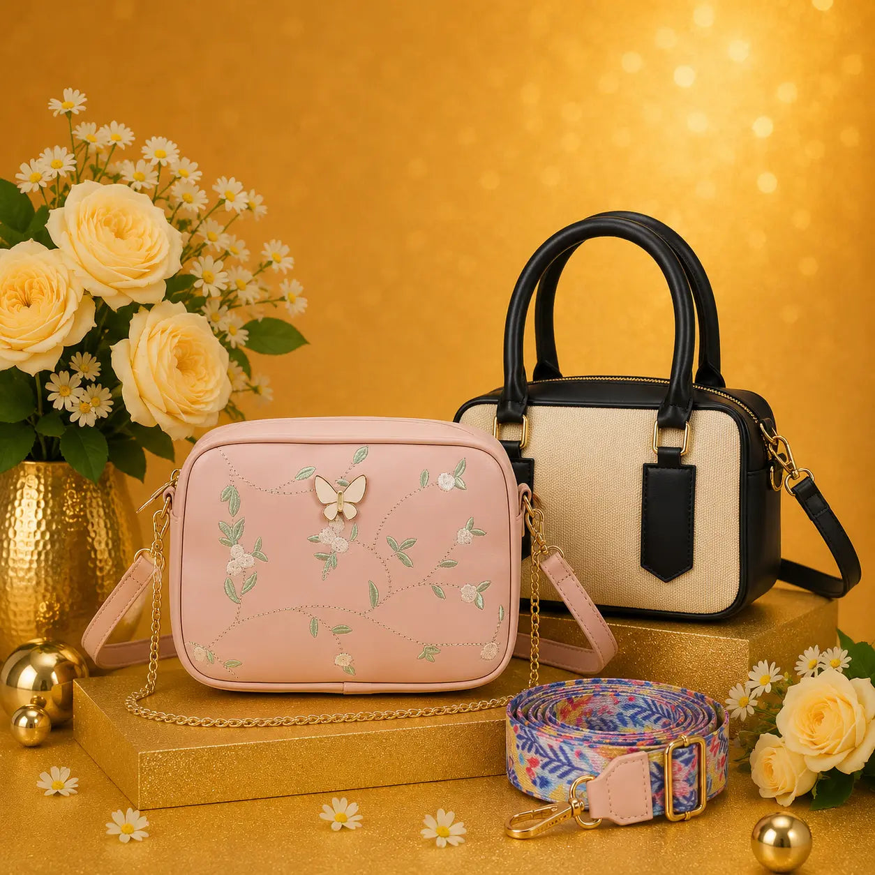 Luxury Everyday Bag Combo-Crossbody + Top Handle + Floral Strap