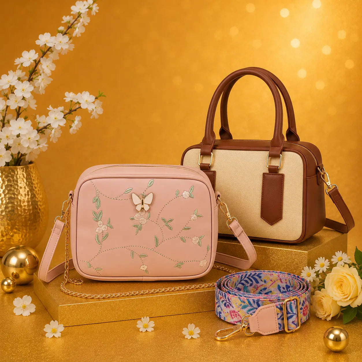 Luxury Everyday Bag Combo-Crossbody + Top Handle + Floral Strap
