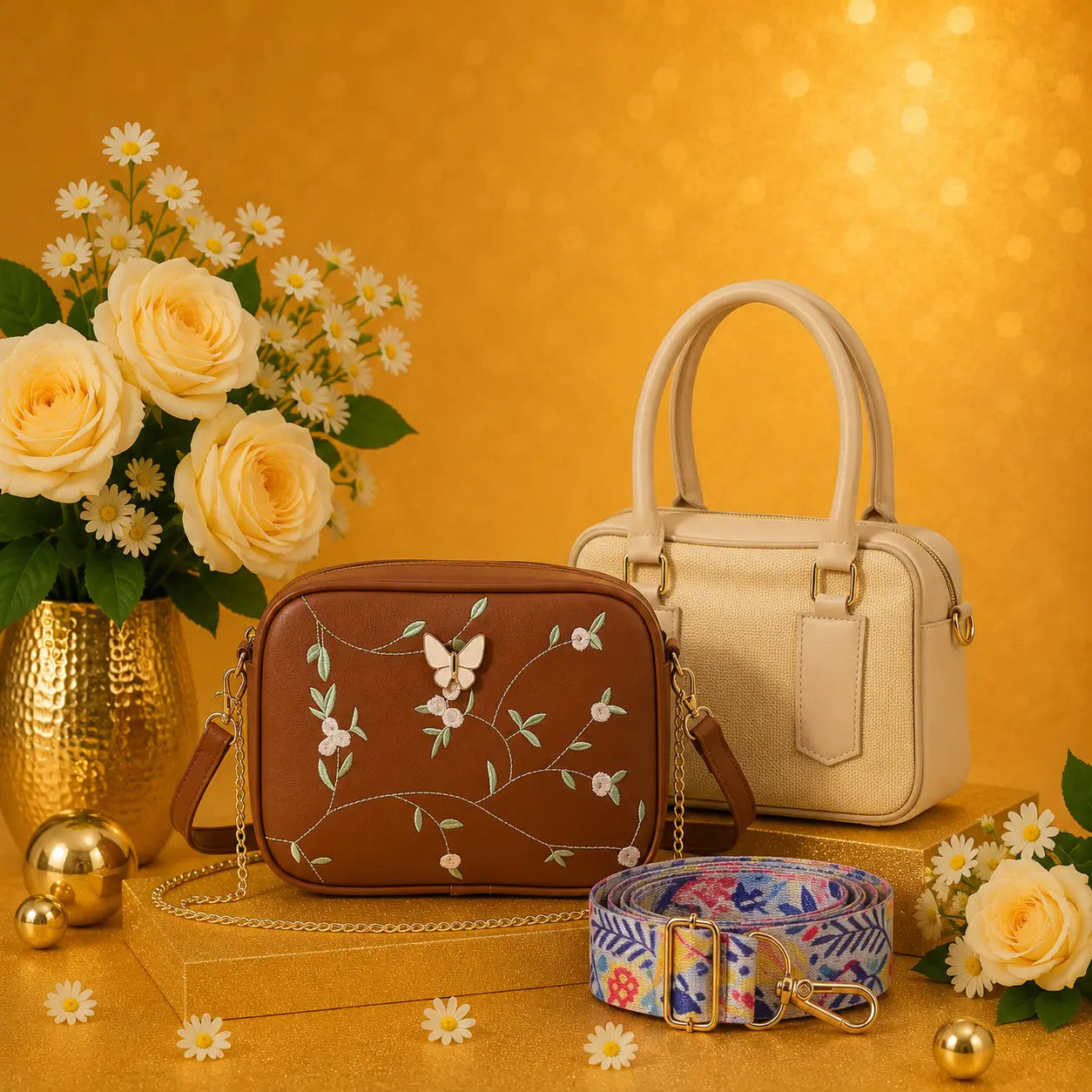Luxury Everyday Bag Combo-Crossbody + Top Handle + Floral Strap